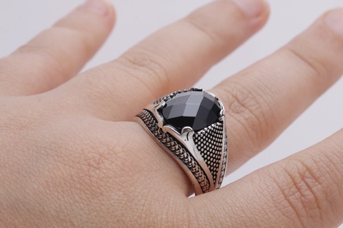 Turkish Style Handmade Jewelry Oval Black 925 Sterling Silver Men's Ring Size Op - Picture 8 of 9