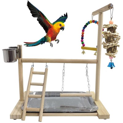 Vogelspielplatz aus Holz, Papageien-Spielständer mit Futternäpfen, Leiter, S3Z7