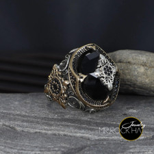 Black Zircon Stone,Relief Lion Engraving Motif,Gold Plated,925 Silver Men's Ring