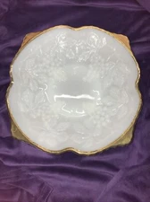 Anchor Hocking Vintage Square Footed Bowl Milk Glass Grape & Leaves W/Gold Trim