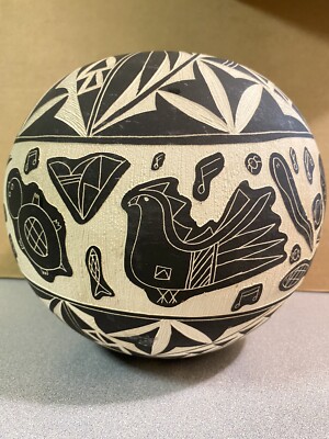 Sig LS ACOMA Pottery handmade Hand carved Lg Pot Loaded wFigures Native American