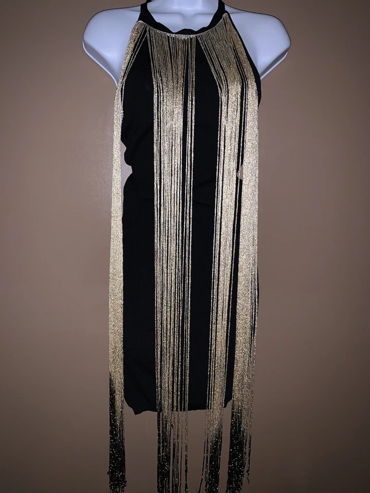 Nasty Gal 女式金色条纹紧身黑色鸡尾酒会礼服 XS 码 — 第 4/4 张图片