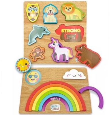 2pk Chuckle & Roar Wood Puzzles Rainbow Animals With Hidden Words Learning