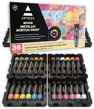 Metallic Acrylic Paint Set of 36 Colors, 0.74 Ounce Tubes Non Toxic Artist Paint