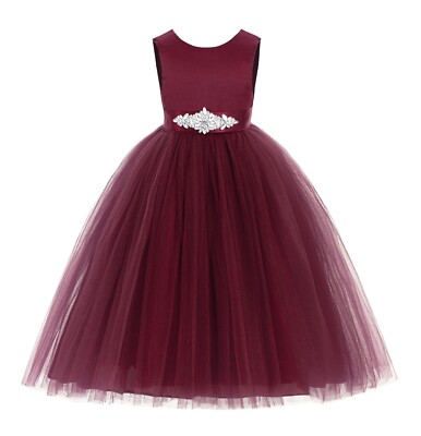 Wedding V-Back Satin Flower Girl Dress Rhinestone Satin Dress Backless Dresses