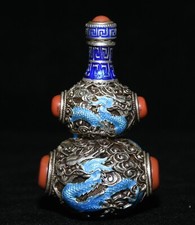 China Alte Silber Inlay Edelsteine Malerei Drachenmuster Kürbis Snuff Flasche