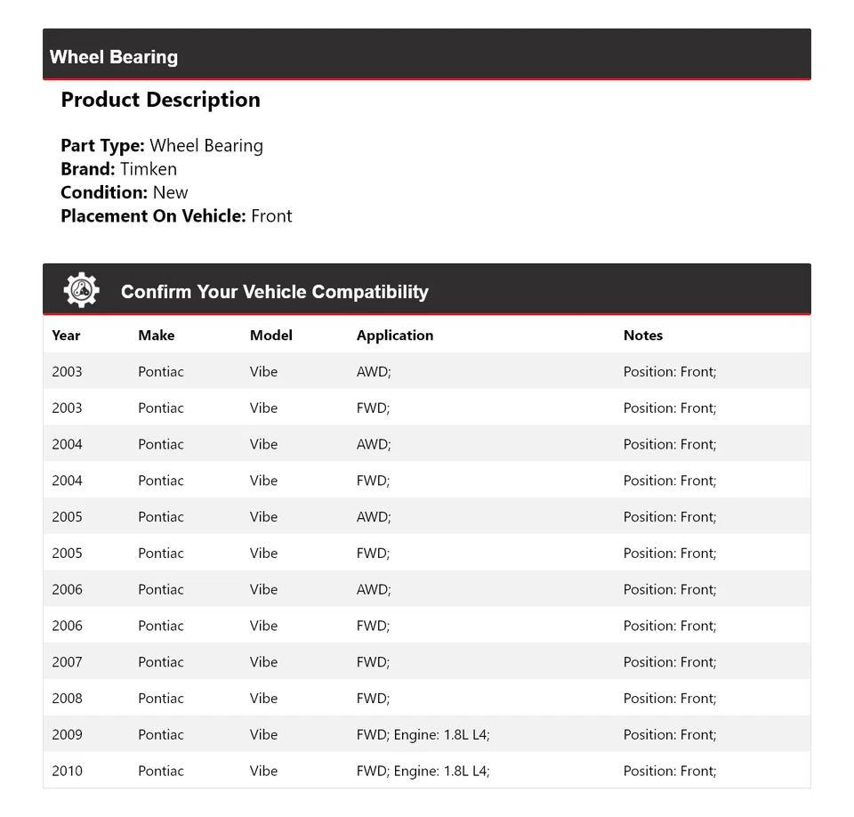 Cojinete de rueda delantero para Pontiac Vibe 2003-2010 Timken 2004 2005 2006 2007 2008 Foto 2 de 4