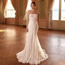 3D Flowers Wedding Dress Bride Sweetheart Corset Mermaid Ivory Lace Bridal Gown