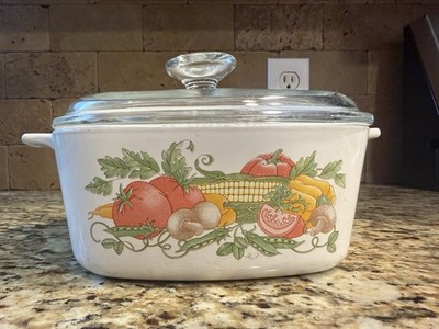 Vintage Milk Glass Vegetable Pattern Covered Casserole Dish w/ Glass Lid