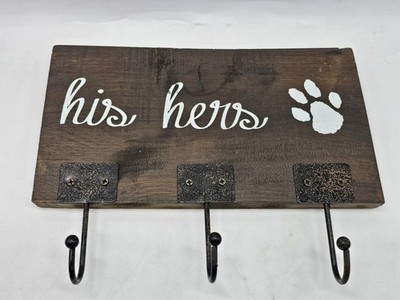 His Hers Paw Print Wooden Key Leash Holder Wall Mounted 3 Hook Rack Hobby Lobby