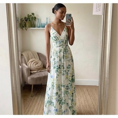 Ieena for Mac Duggal NWT Satin Maxi Dress Floral Plunging V Neck Low Back 4 S