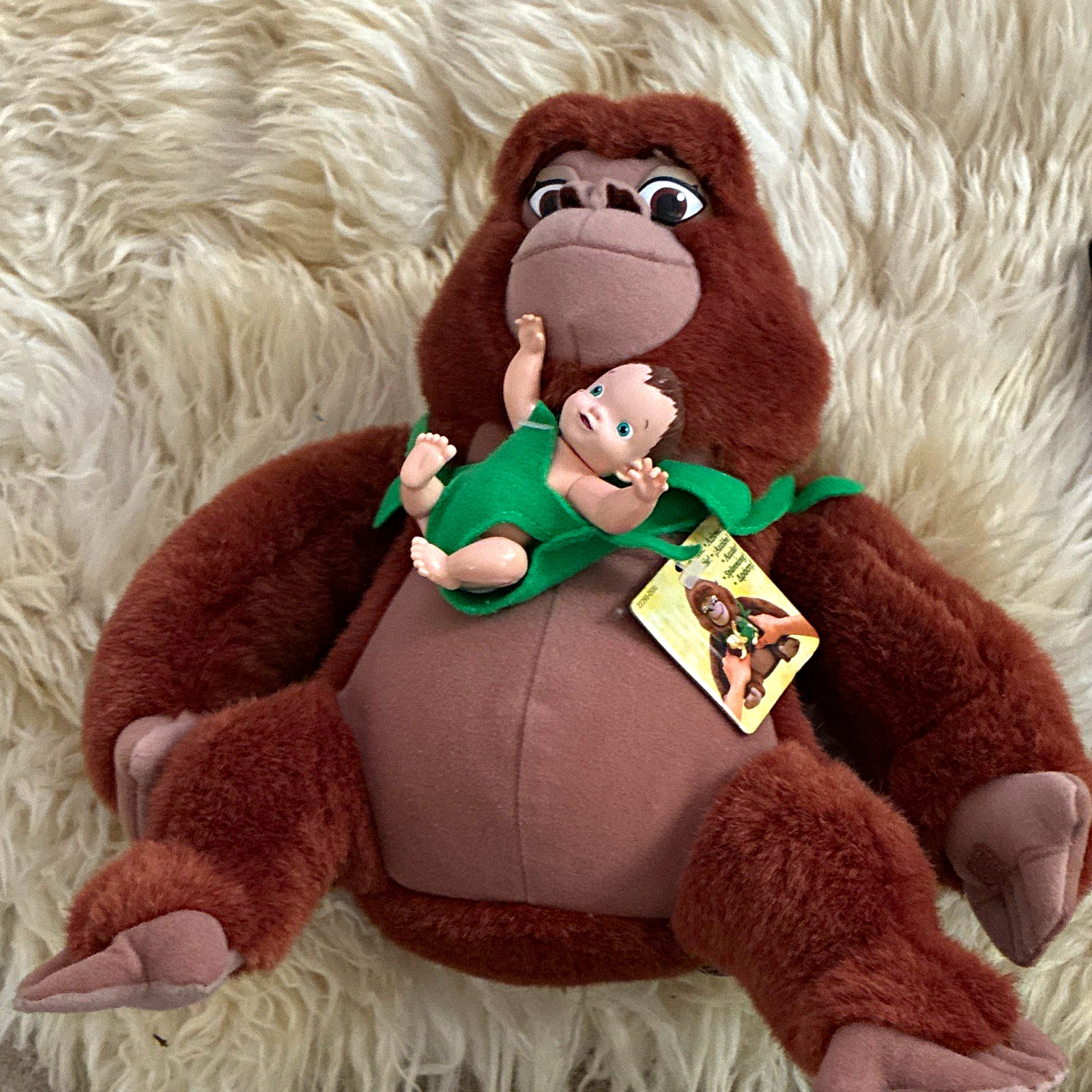 Disney Tarzan Tantor Plush Soft Toy w/ Baby Tarzan Doll, Hang Tag, Retired