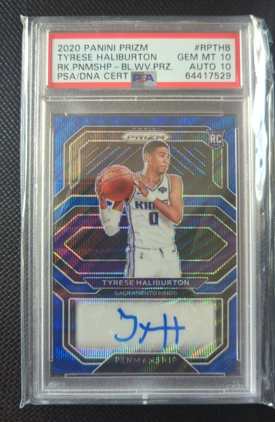 2020 PRIZM TYRESE HALIBURTON ROOKIE PENMANSHIP BLUE WAVE RC PSA 10 AUTO 10