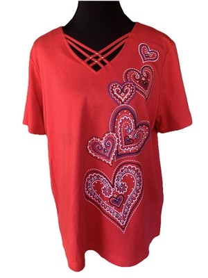 Alfred Dunner Women's Size 1X Red With Embroidered Heart.Strappy V Neck Short