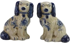 Hand Painted Blue and White Porcelain Dog Pair of Small Figurines Home Décor
