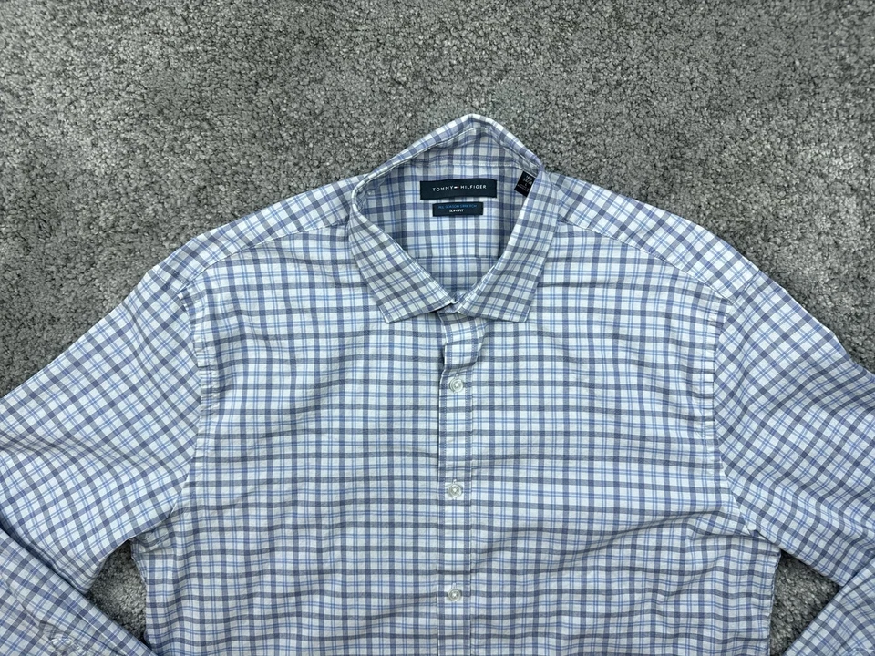 Camisa masculina Tommy Hilfiger 16 32/33 azul cinza xadrez elástica slim fit todas as estações - Imagem 3 de 4
