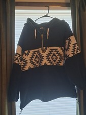 Black/white Womens Hooded Sweatshirt Aztec Mainstrip Size Small Cotton/polyeste