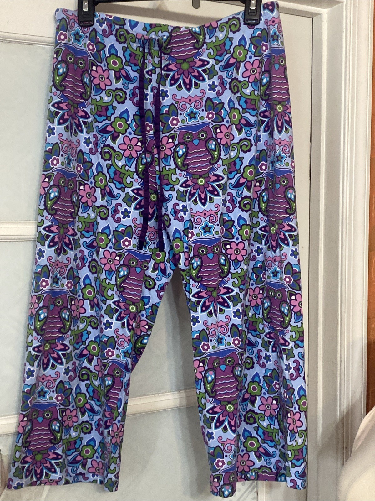 Nick & Nora Pajamas Sleep Pants Women’s Sz Medium Blue Owl Floral Capri Stretch