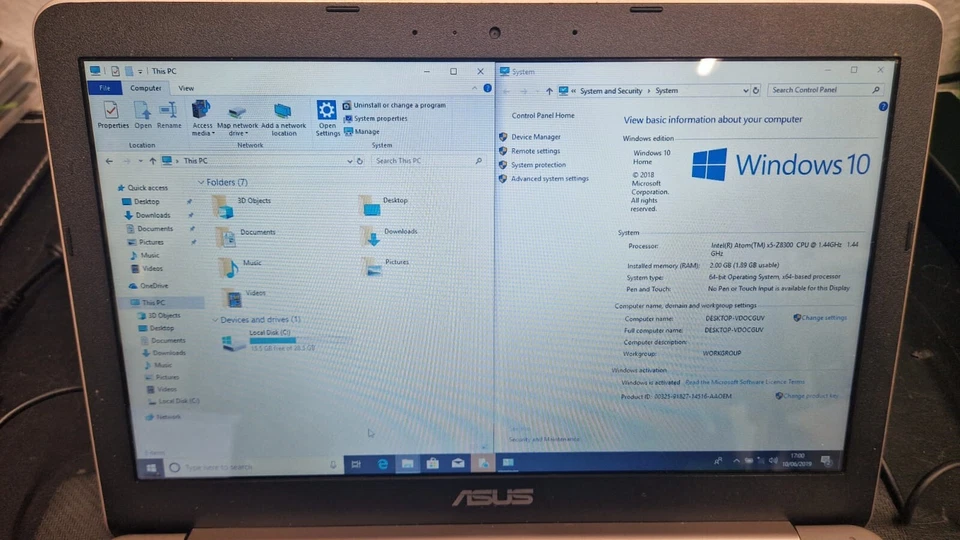 Asus E200H Laptop 2GB 32GB SSD Windows 10 Atom X5 Z8300 battery not charging - Image 3 of 4