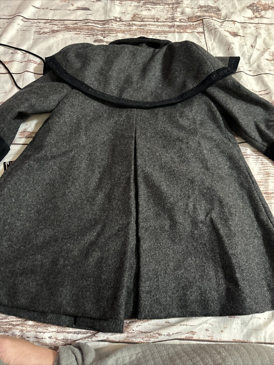 Manteau Vintage En Laine Gris Rothschild - Taille 14 Fille, Accents Velours Noir, Occasion Très Bon état