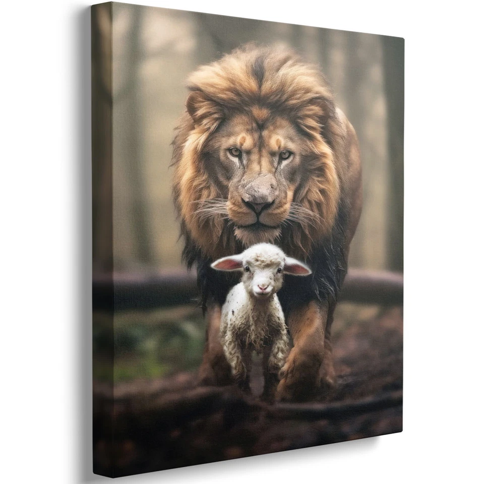 P&L ART Christian Wall Art Lion and Lamb Canvas Print Jesus Christ King of Judah