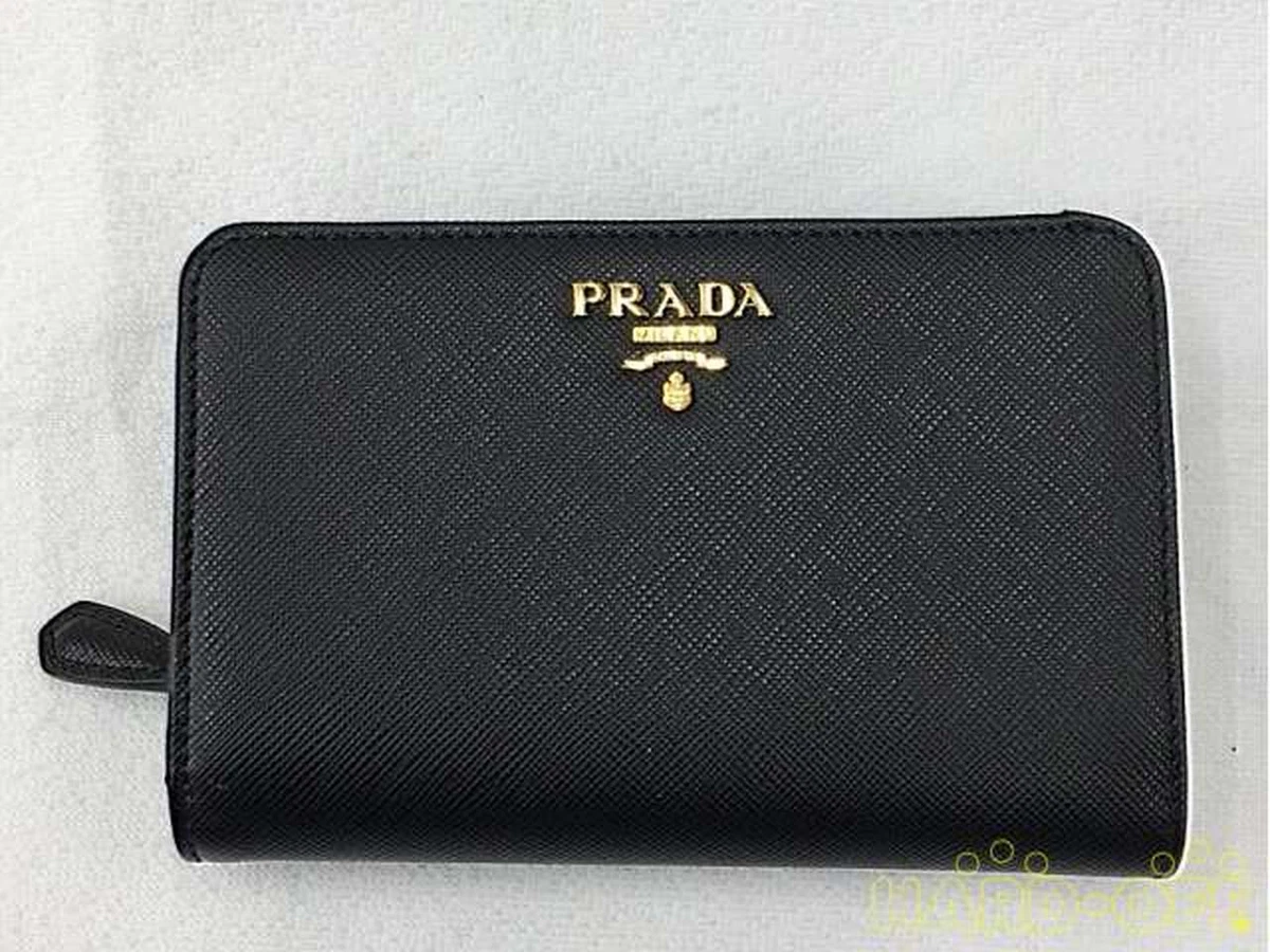 Auth PRADA Saffiano Metal Zipper Bifold Wallet Leather Nero Black 1ML225 Boxed