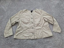 Lane Bryant Button Down Shirt Women's 24 Beige V-Neck Beaded Long Sleeve