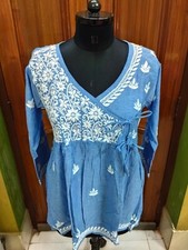 ANGRAKHA S XL 2XL TUNIC DENIM 100 COTTON ETHNIC CHIKAN EMBROIDERY TOP KURTI