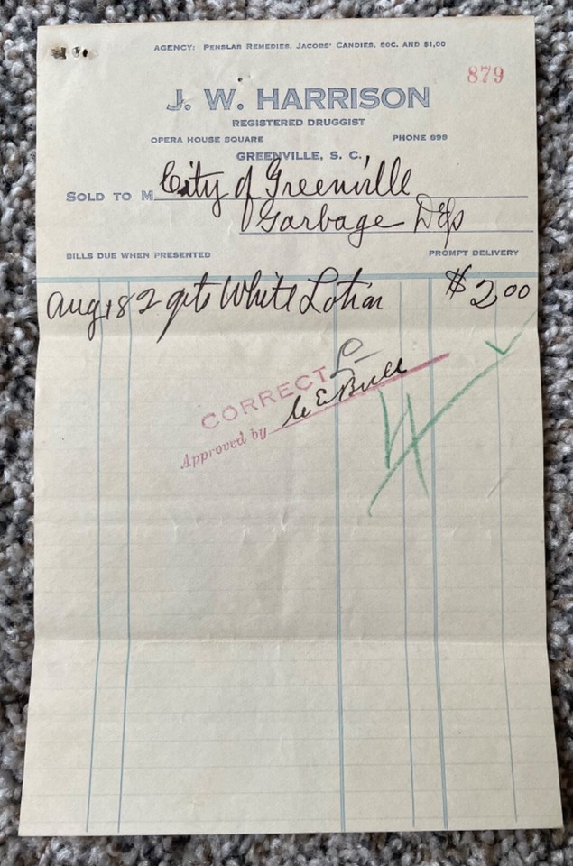 SC Greenville SC South Carolina Pharmacy Druggist Medicine Document