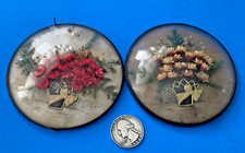 VTG 2 LOT 1940s Curved Bubble Glass Dried Flower Bouquet Wall Art Convex Glass