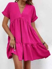 Women's Summer Smock Pleated Mini Dress Ladies V Neck Solid A Line Loose Dresses