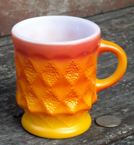 FIRE-KING red orange diamond KIMBERLY MUG vintage MILK GLASS Anchor Hocking
