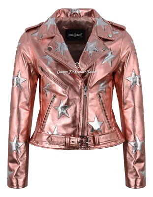 Damen Brando Style Metallic Baby Rosa Sterne Patches Biker Echt Leder Jacke