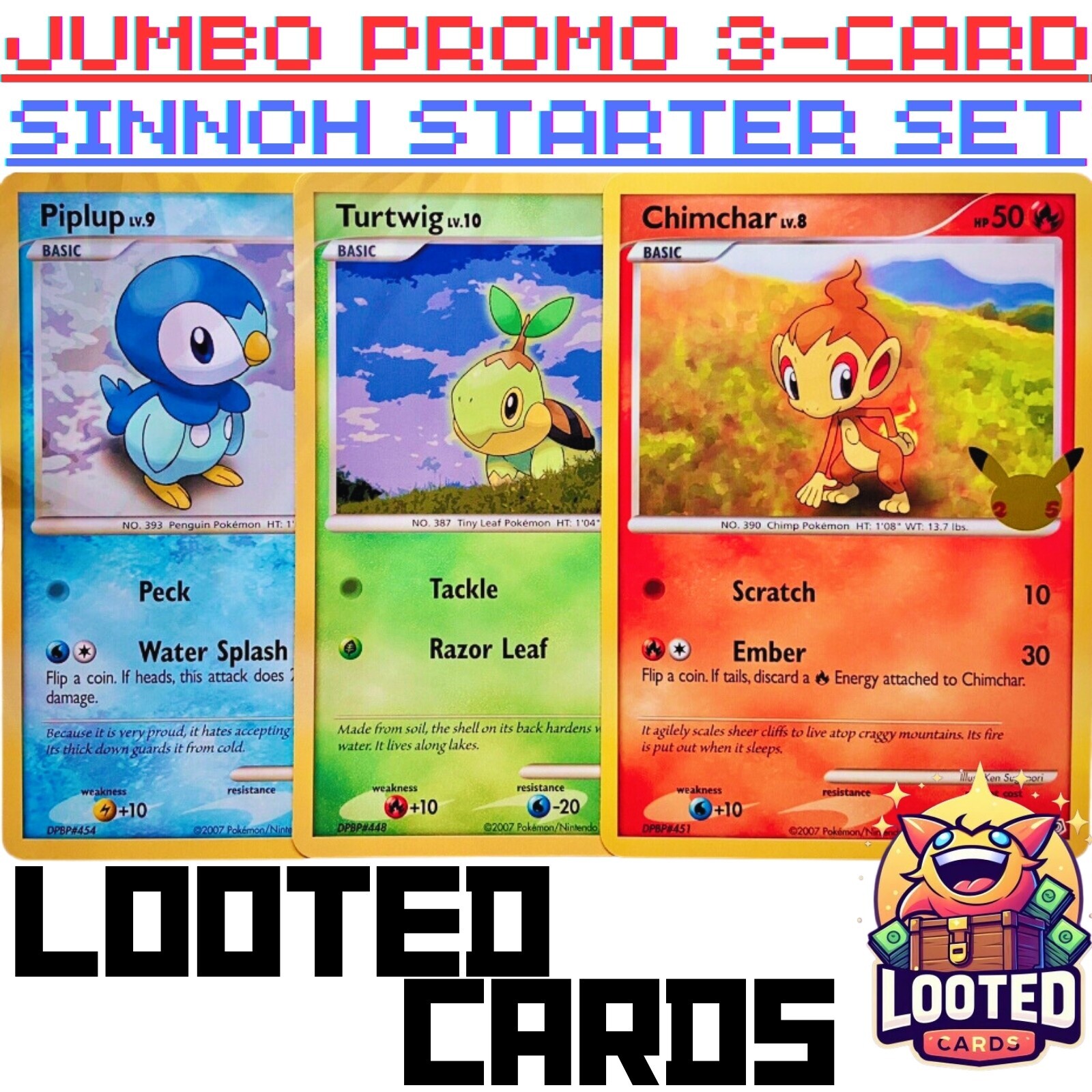 JUMBO Piplup Turtwig Chimchar - Pokemon 3-Card Set Promo - Sinnoh Starters - NM