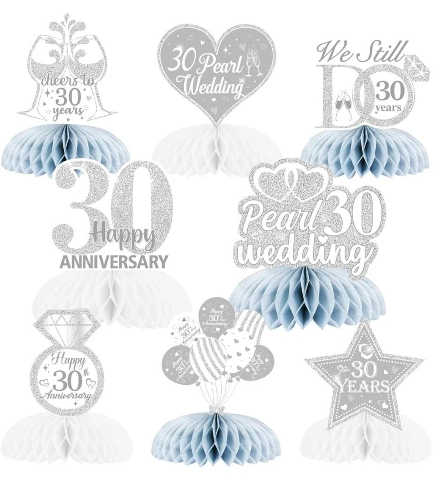 Decoraciones de fiesta 30 aniversario, plata, azul claro Foto 2 de 4