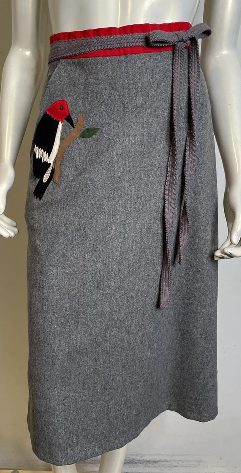 VTG 60s Woodpecker Bird Applique Wool Wrap Skirt S 4 6 8 Retro Gray Red Crabtree - Image 2 of 4