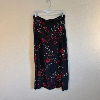 Ellen Figg Black Floral Midi A-Line Skirt Zip Button Rayon Size Women