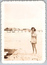 Vtg B W Snapshot Smiling Woman In Floral Two Piece Swimsuit Beach Vacation 1940s