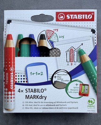 STABILO MARKdry Whiteboard- und FlipChart Marker XXL-Mine 4 Farben + Spitzer NEU