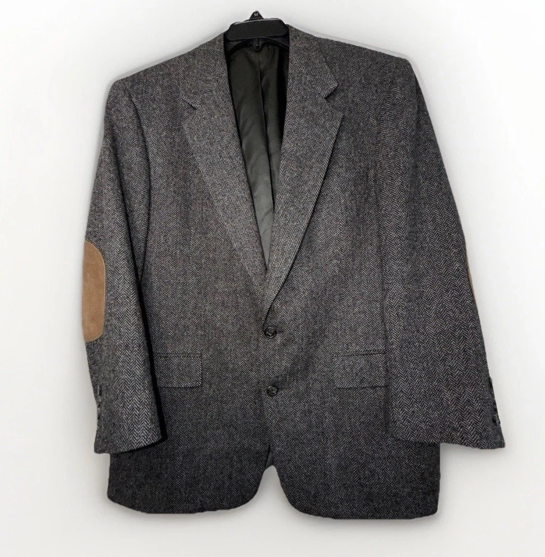 Vtg Austin Reed Tweed Blazer Virgin Wool Black Grey Brown Suede Elbow Patches 42