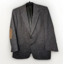 Vtg Austin Reed Tweed Blazer Virgin Wool Black Grey Brown Suede Elbow Patches 42