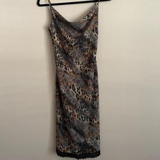 VTG Y2K Leopard Floral Lace Trim Cowl Neck Slip Dress Brown 90s Fairy Grunge 5