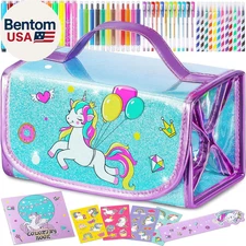 Washable Markers Set with Glitter Unicorn Pencil Case, Art Supplies for Kids Age