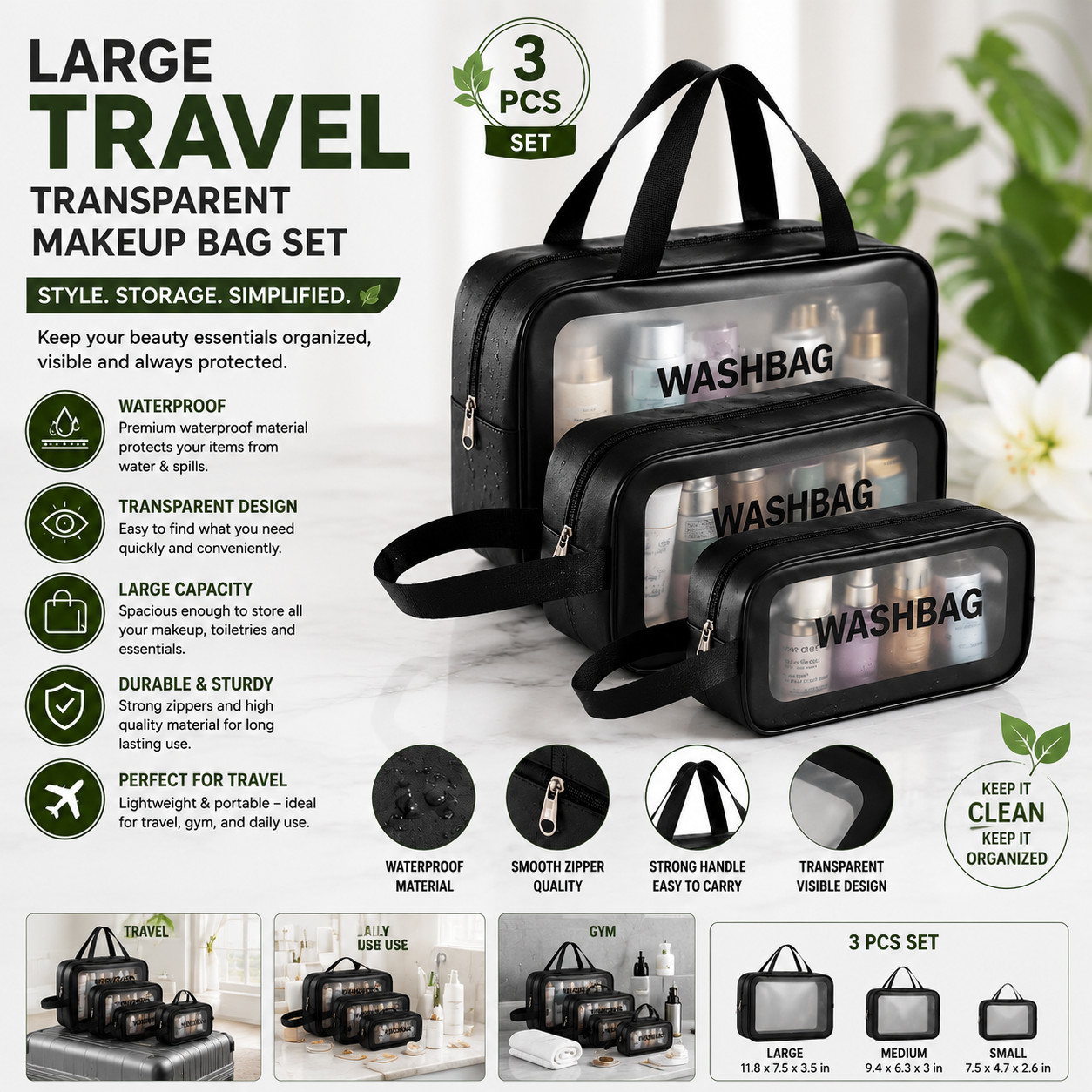 3PCS Transparent Travel Makeup Bag Set Waterproof Toiletry Wash Bag Organizer