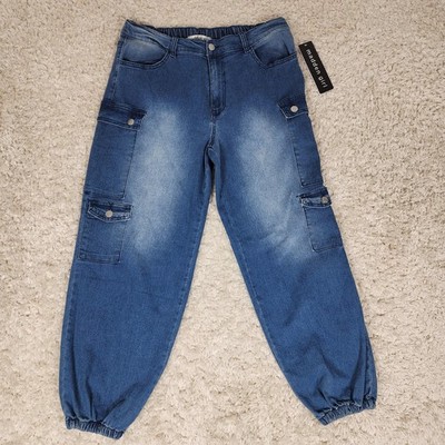 Madden Girl Cargo Jeans Womens Large Denim Utility Jogger Pockets Streetwear