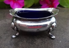 English Footed Silver Open Salt Dip, Cellar, Dish w/Blue Glass Liner!