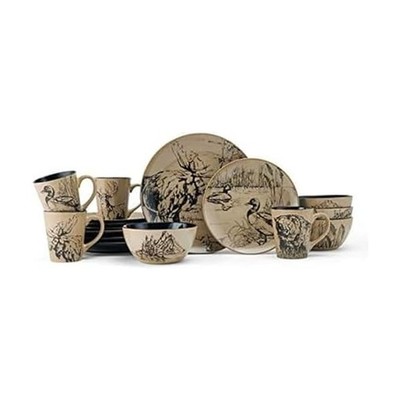 Mossy Oak Animal Print 16pc Dinnerware Set, Service for 4, Black/Beige