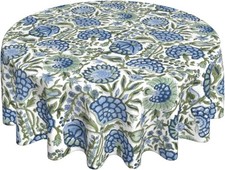 Blue Sage Green Floral Round Tablecloth 70 Inch Chinoiserie Flower Table Clot...