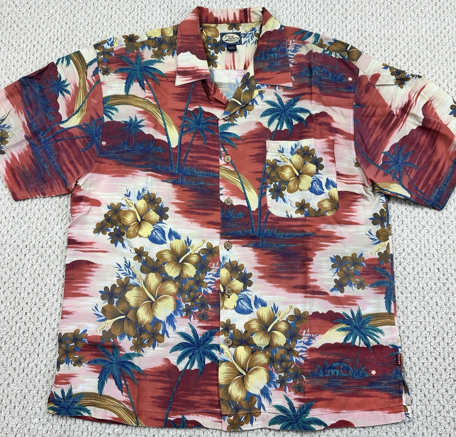 Tommy Bahama Hawaiian Shirt Mens L Red Rayon Relax Loop Collar Floral Palm Trees