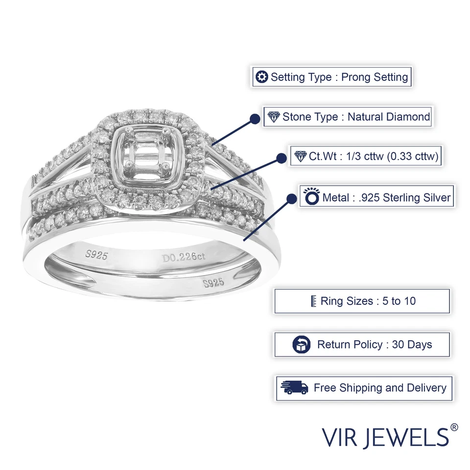 Vir Jewels 1/3 cttw Semi Mount Diamond Bridal Set with Princess Center Silver - Image 3 of 4